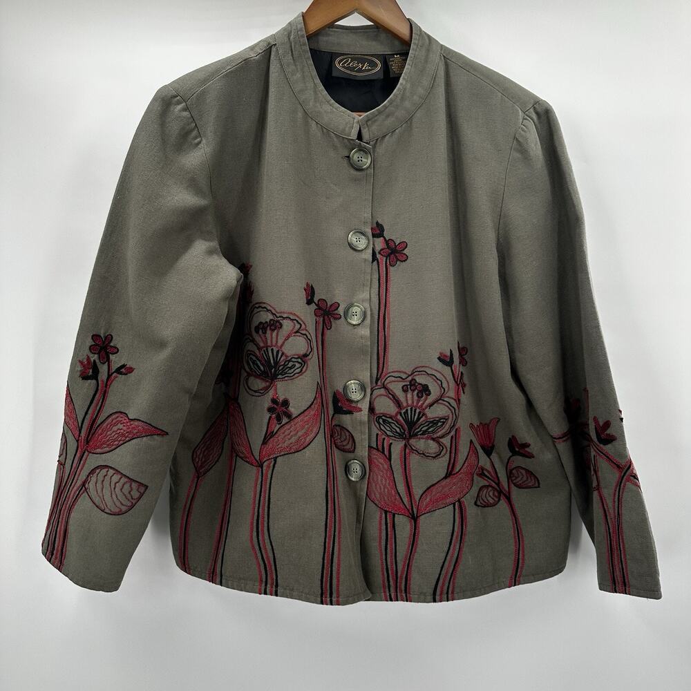 ALEX KIM Jacket Womens‎ Medium Olive Green Floral Embroidered Art Applique